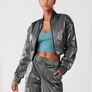 Rare Alo Yoga Metallic Cropped Break Line Bomber Jacket XS Silver Chrome NWT